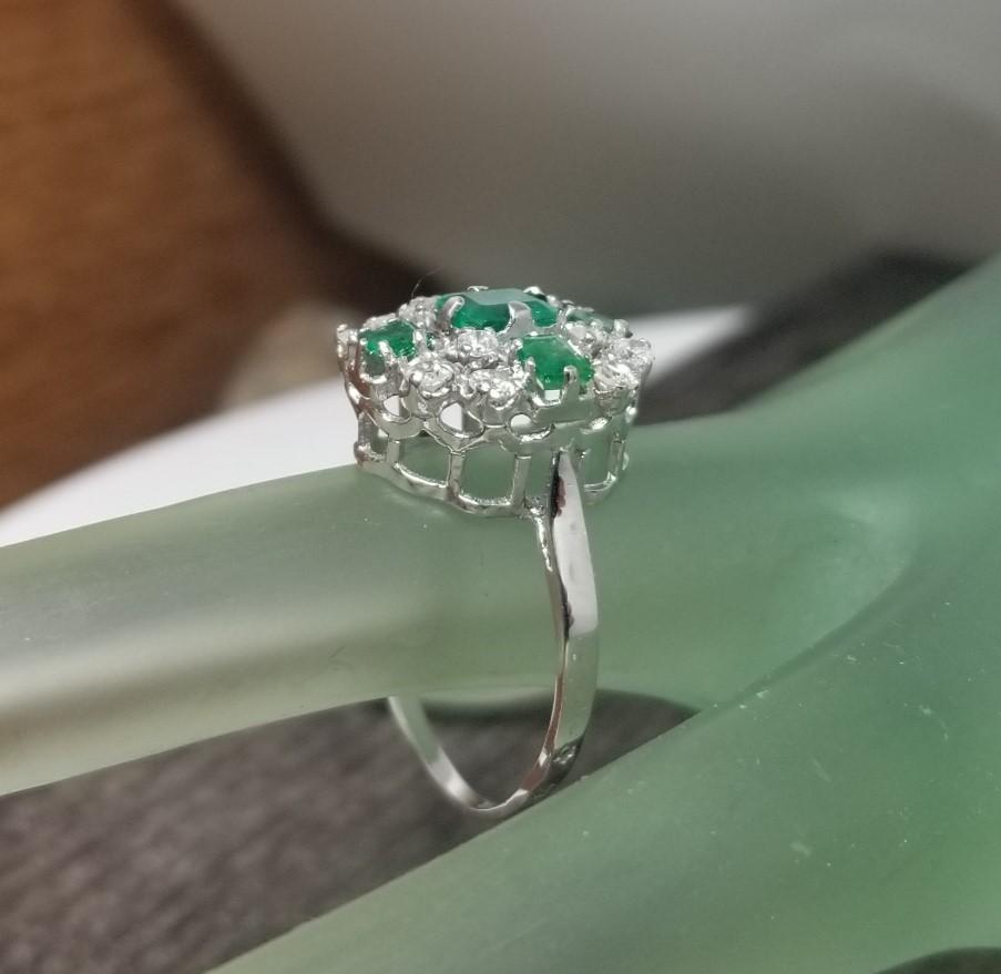 14k White Gold Emerald Cut Emerald and Diamond Cluster Ring For Sale 3