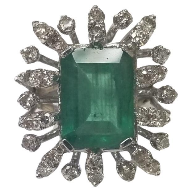14k White Gold Emerald Cut Emerald and Diamond Cluster Ring