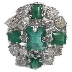 Retro 14k White Gold Emerald Cut Emerald and Diamond Cluster Ring
