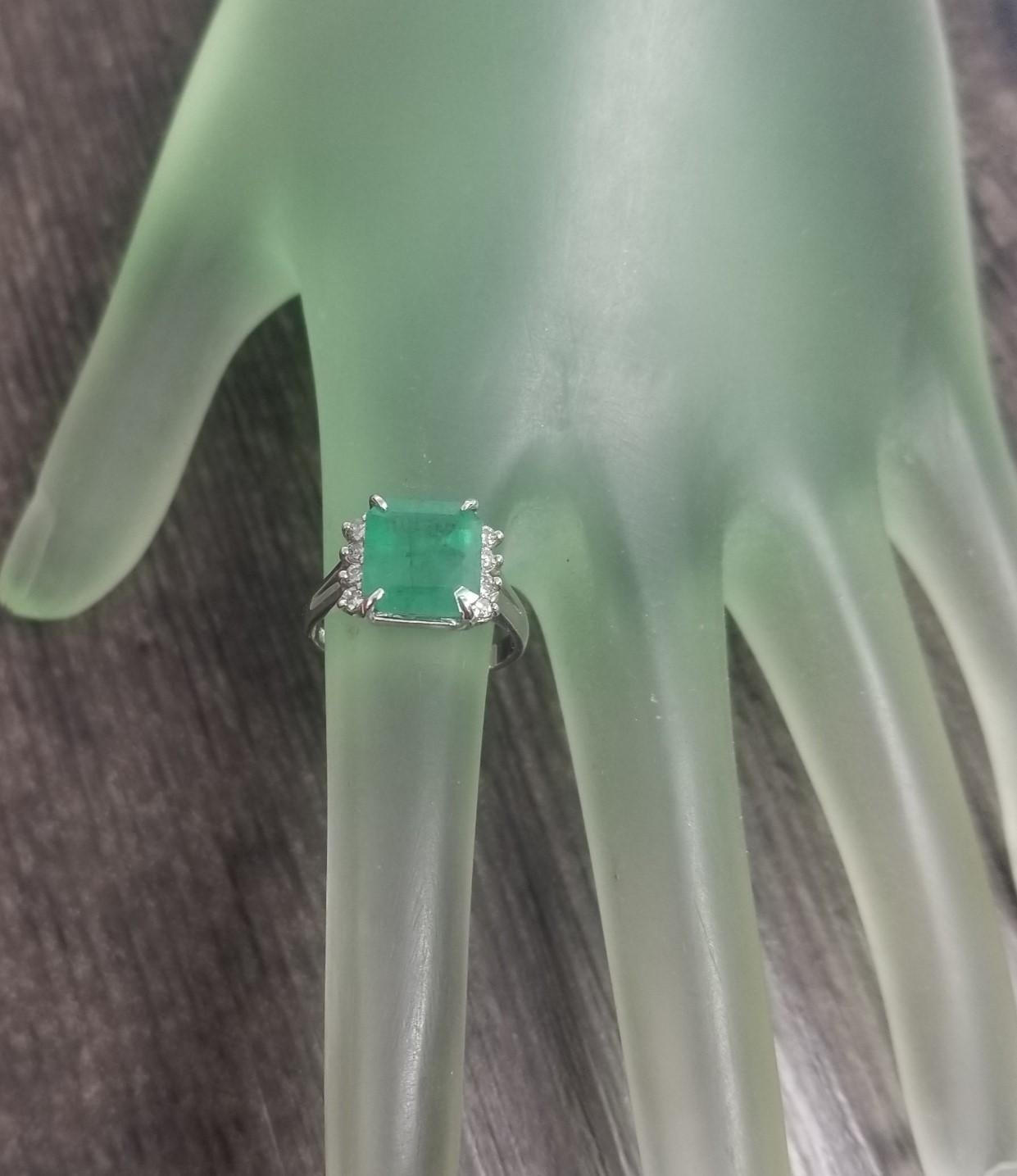 Women's or Men's 14k White Gold Emerald Cut Emerald and Diamond Ring For Sale