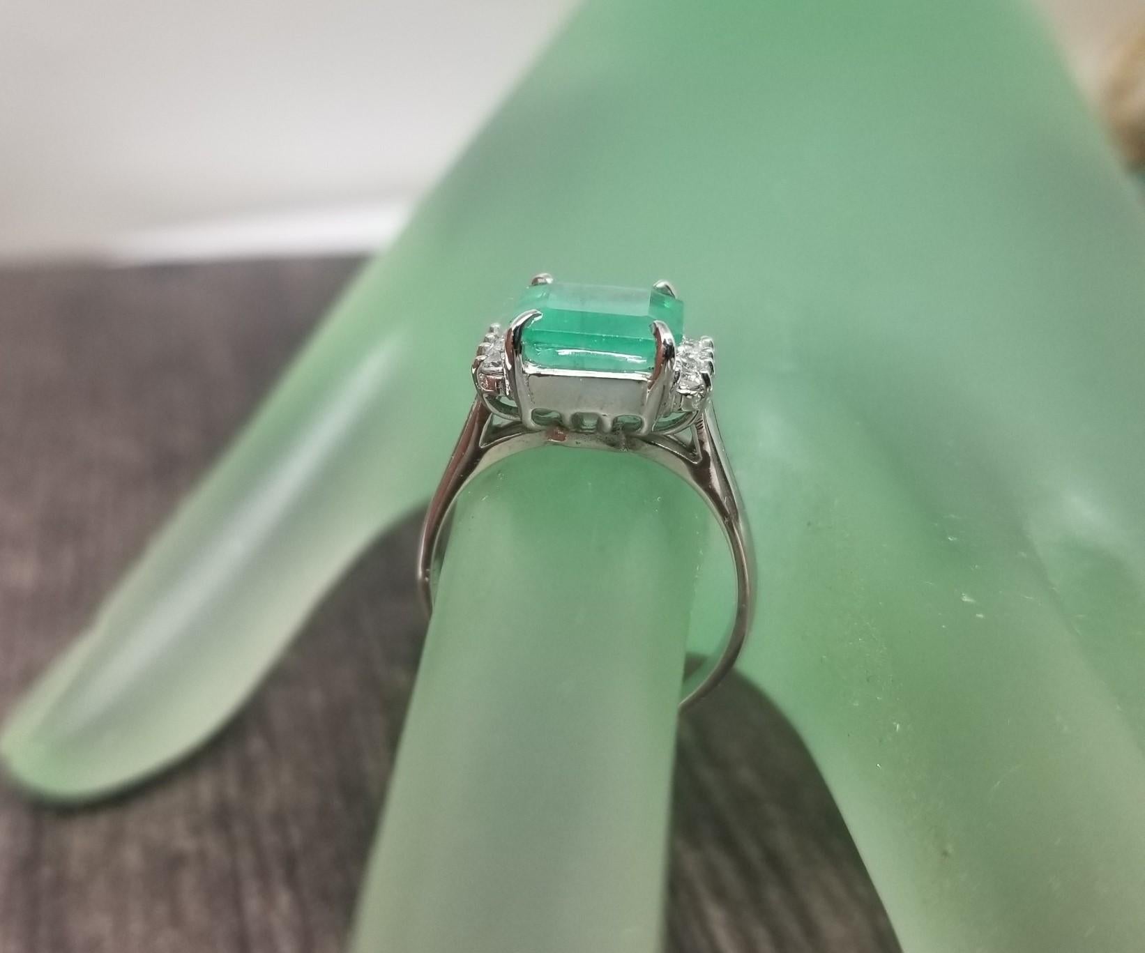 14k White Gold Emerald Cut Emerald and Diamond Ring For Sale 1