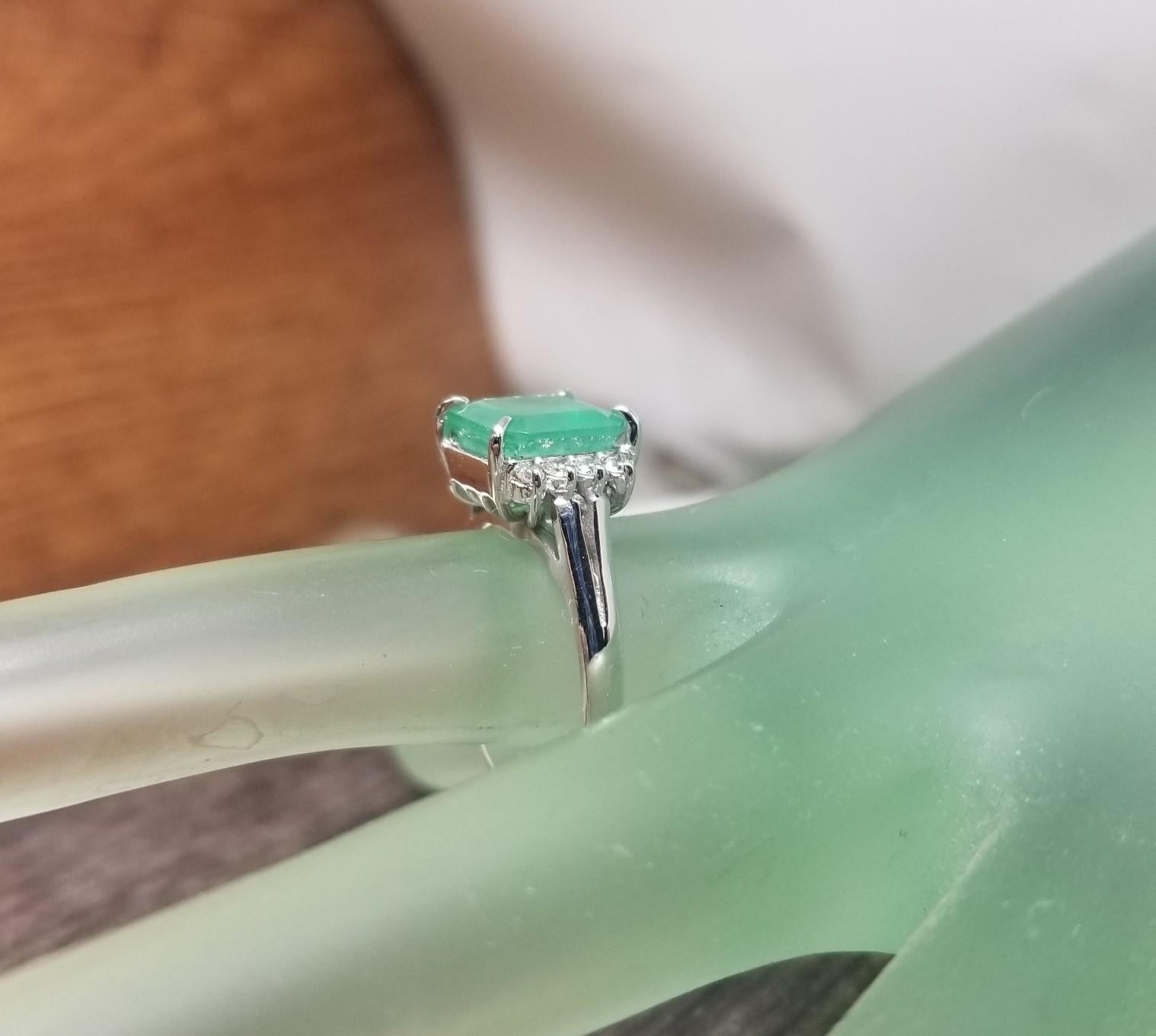 14k White Gold Emerald Cut Emerald and Diamond Ring For Sale 2