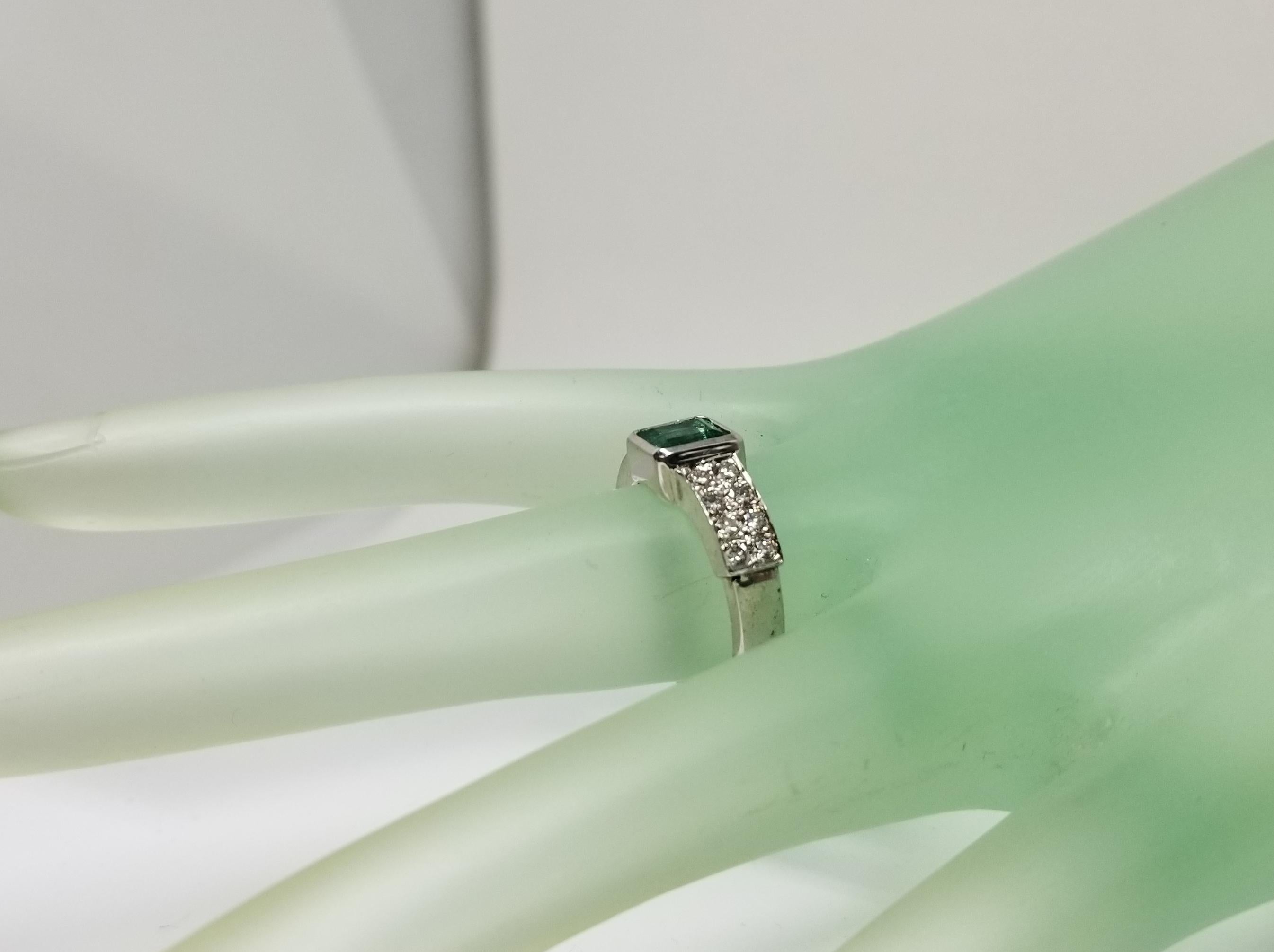 14 Karat White Gold Emerald Cut Emerald and Diamond Ring For Sale 2