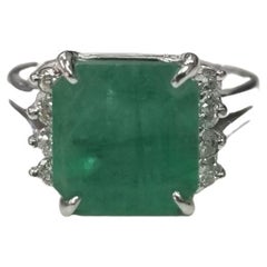 14k White Gold Emerald Cut Emerald and Diamond Ring