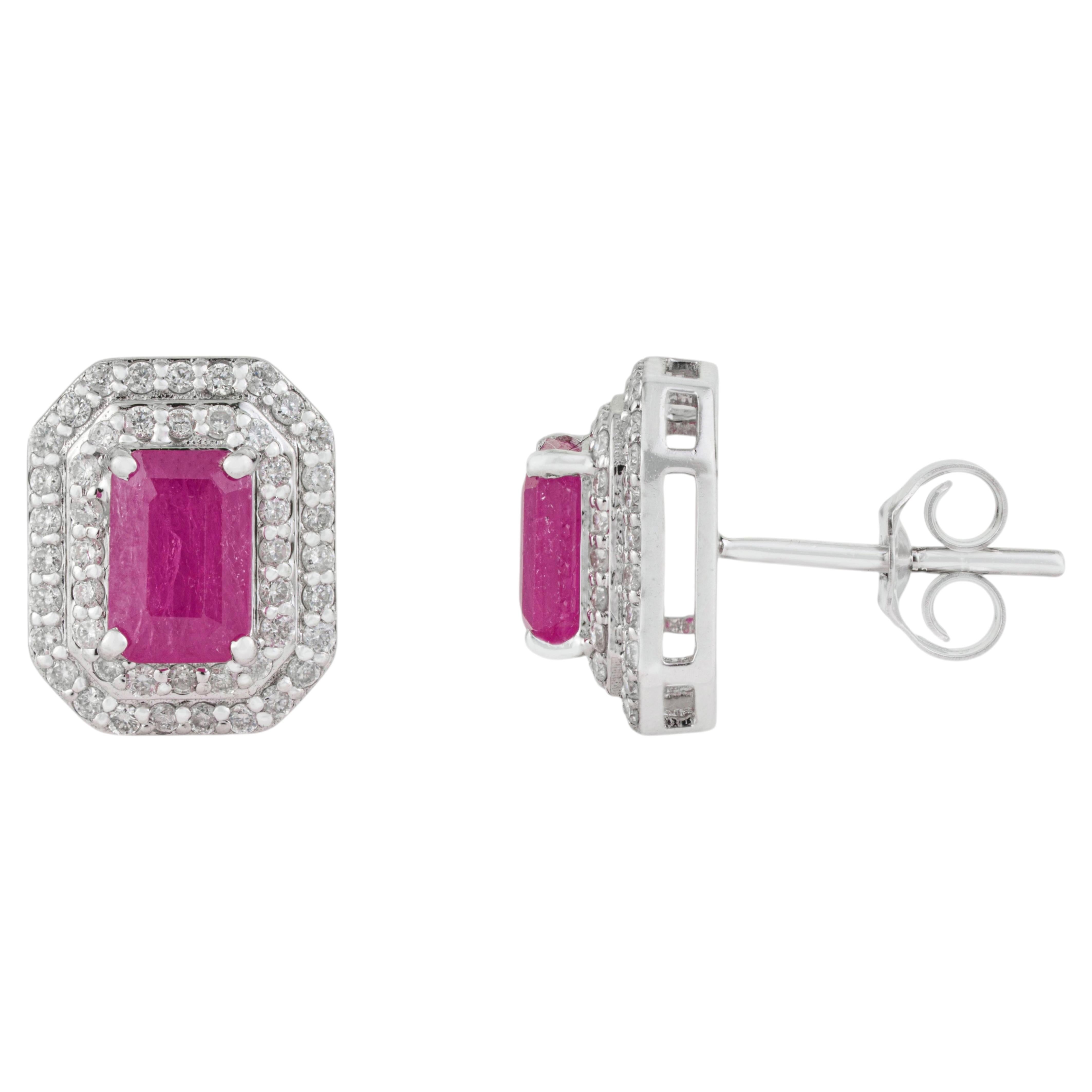 14K White Gold Emerald-Cut Ruby & Diamond Double Halo Stud Earrings, 1.64 Carat