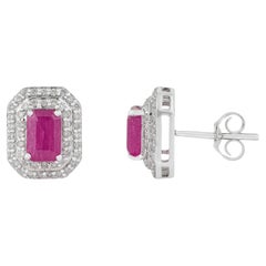 14K White Gold Emerald-Cut Ruby & Diamond Double Halo Stud Earrings, 1.64 Carat