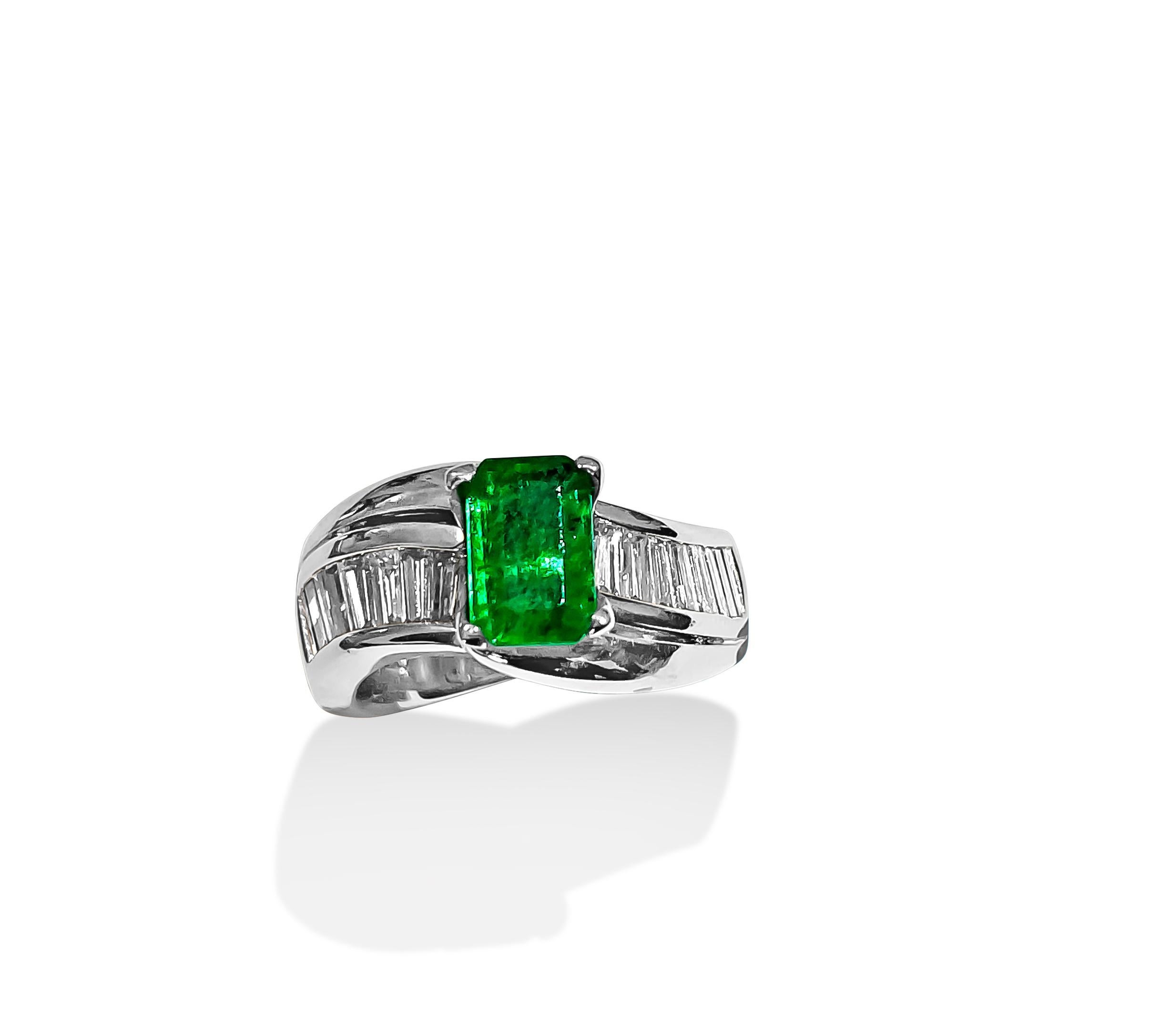 Art Nouveau 14K White Gold. Emerald & Diamond Engagement Ring For Sale