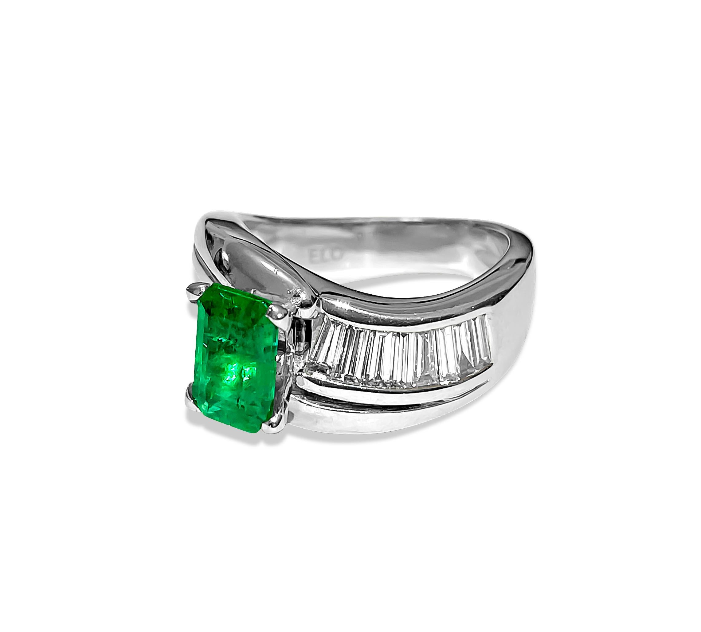 Emerald Cut 14K White Gold. Emerald & Diamond Engagement Ring For Sale