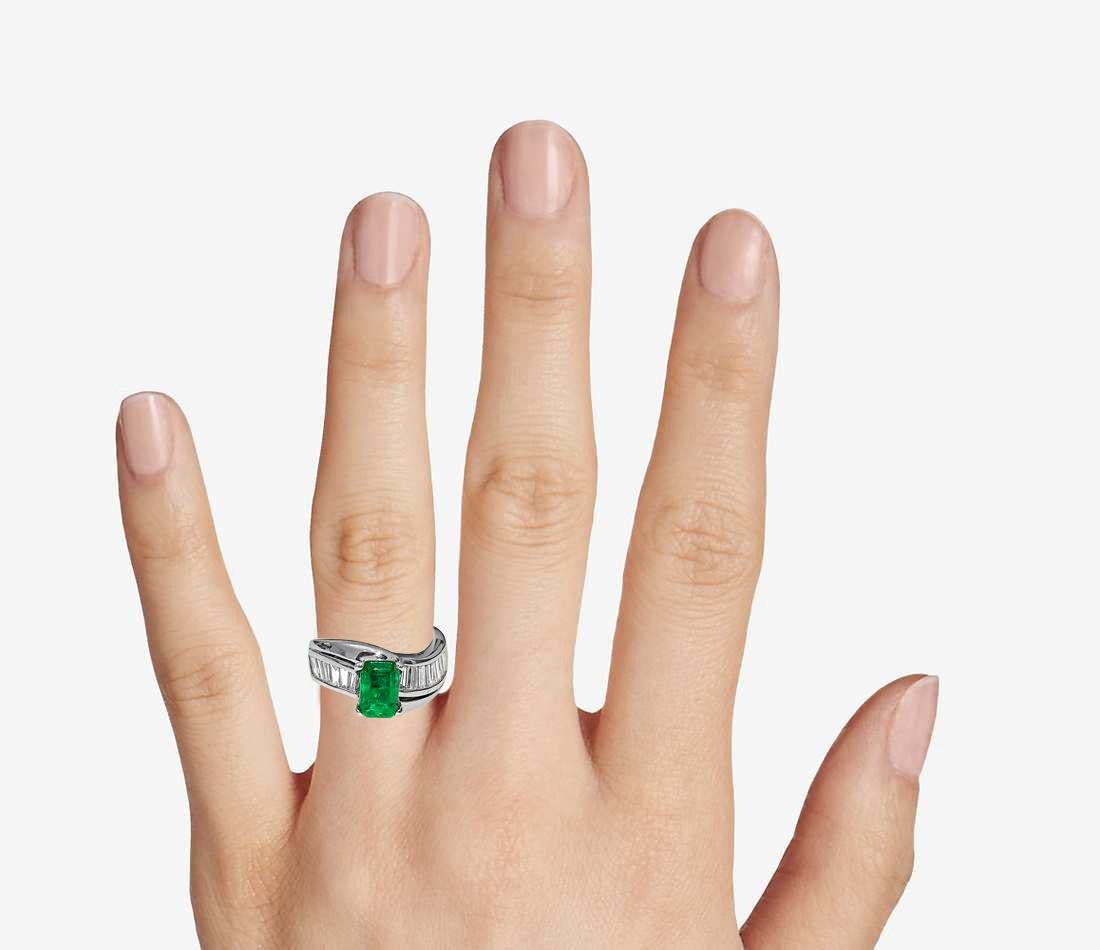 Women's 14K White Gold. Emerald & Diamond Engagement Ring For Sale