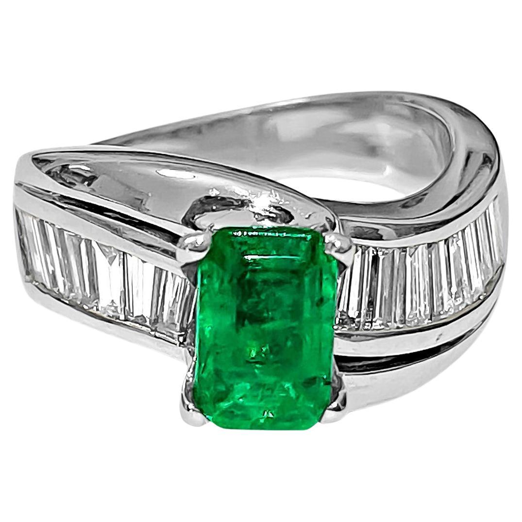 14K White Gold. Emerald & Diamond Engagement Ring
