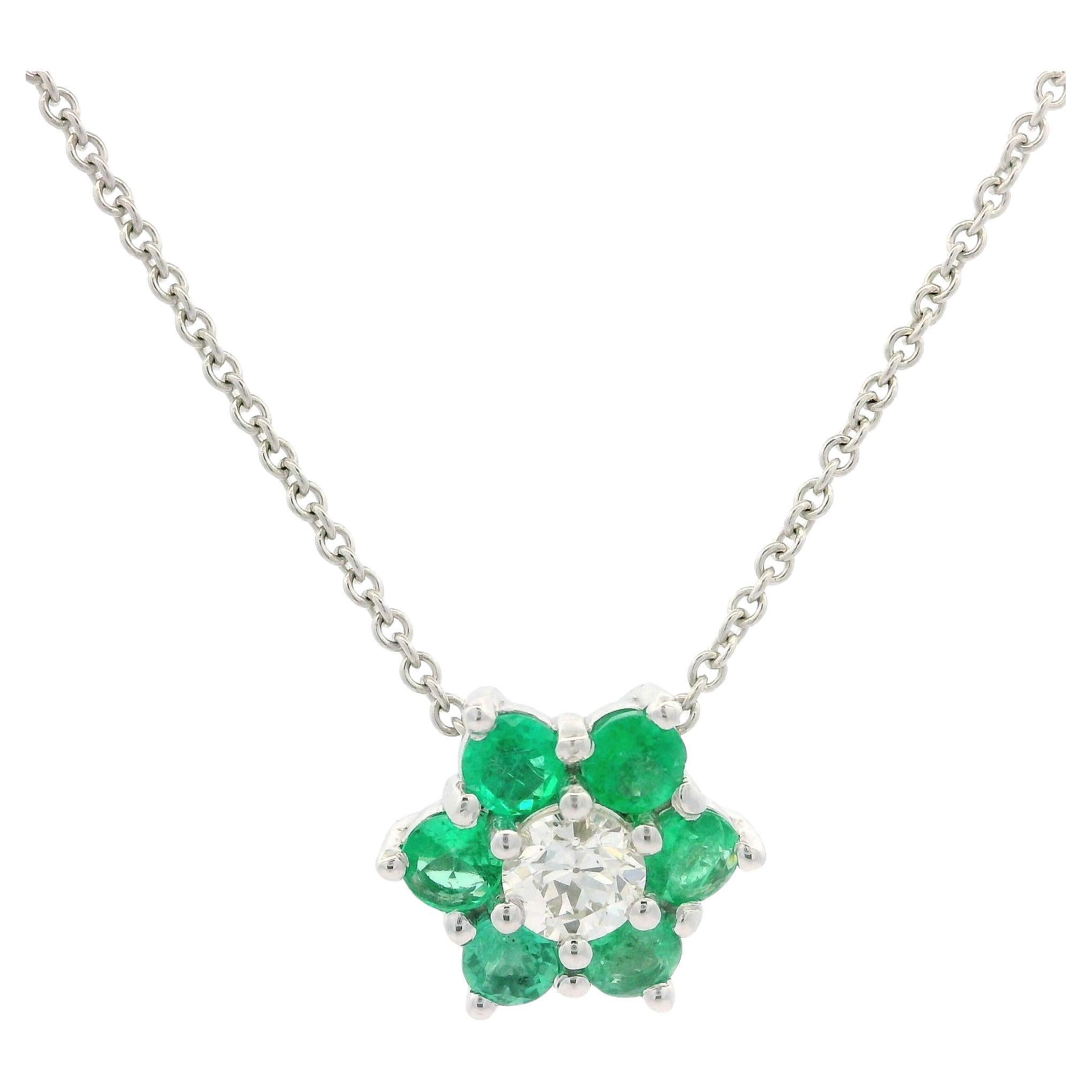 14k White Gold Emerald & Diamond Flower Pendant w/ Adjustable Necklace