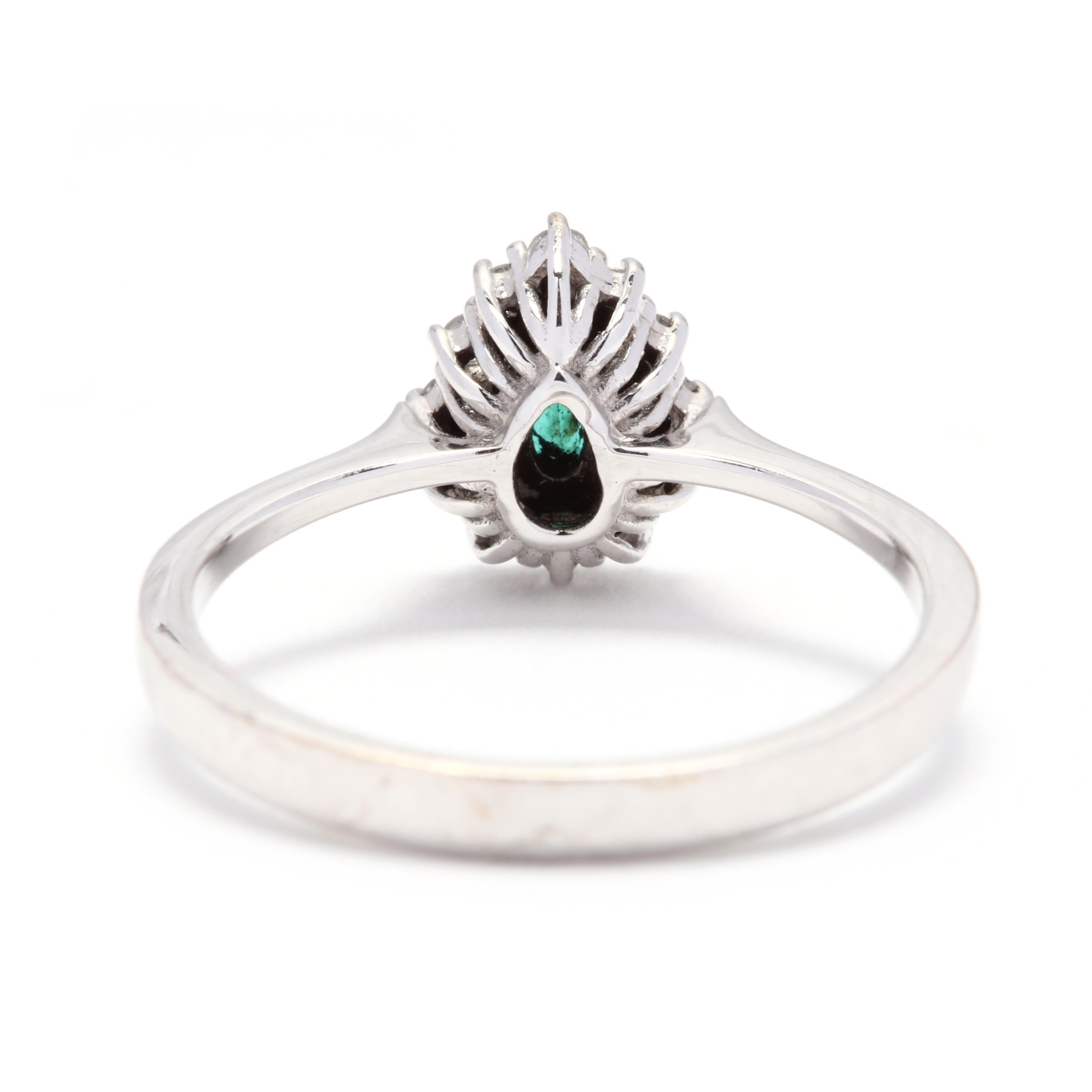 Pear Cut 14 Karat White Gold, Emerald and Diamond Ring