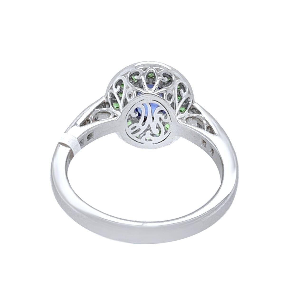 14K White Gold 1.07ct Sapphire Tsavorite and Diamond Ring In New Condition In New York, NY