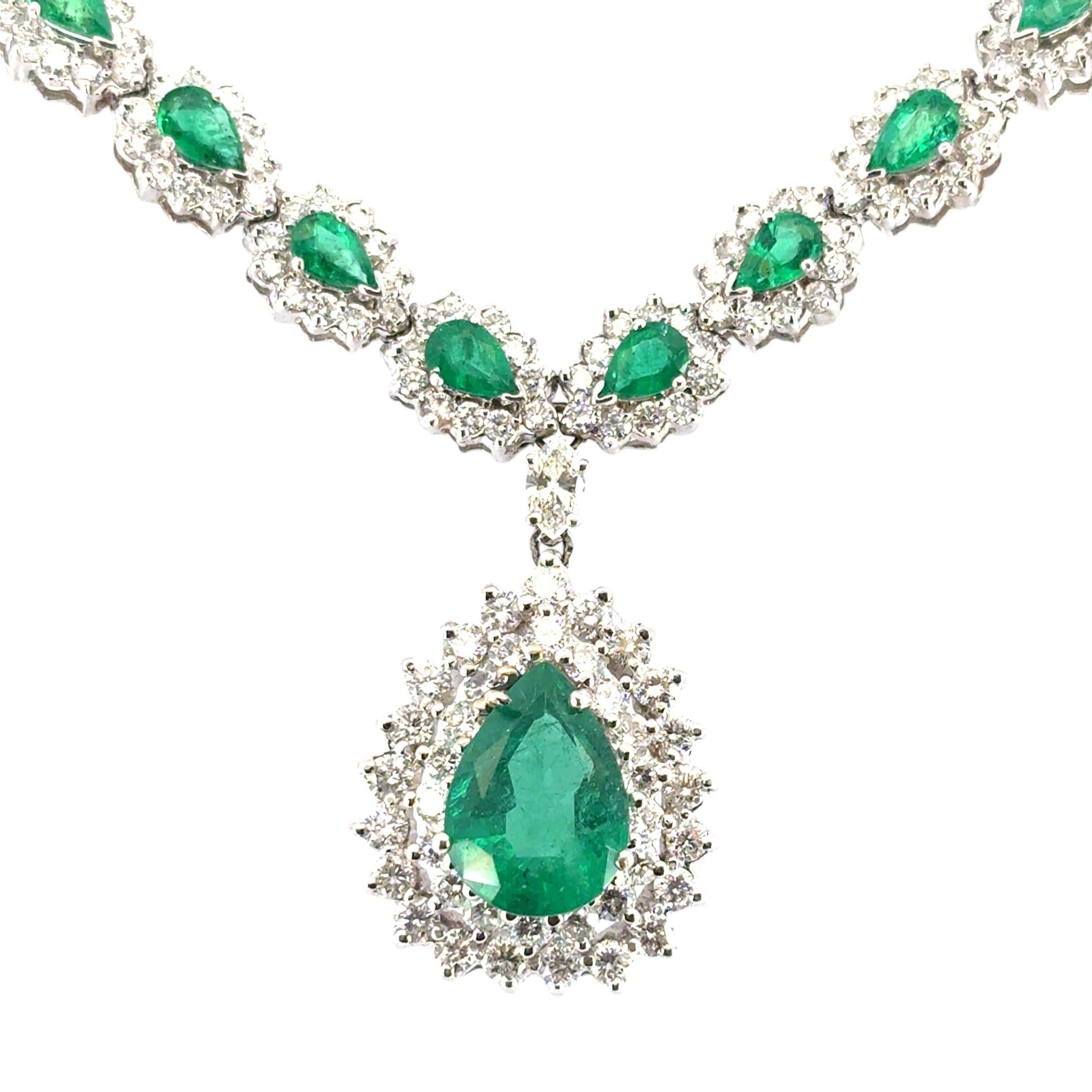 Women's 14k White Gold Emerald Necklace With Diamonds For Sale