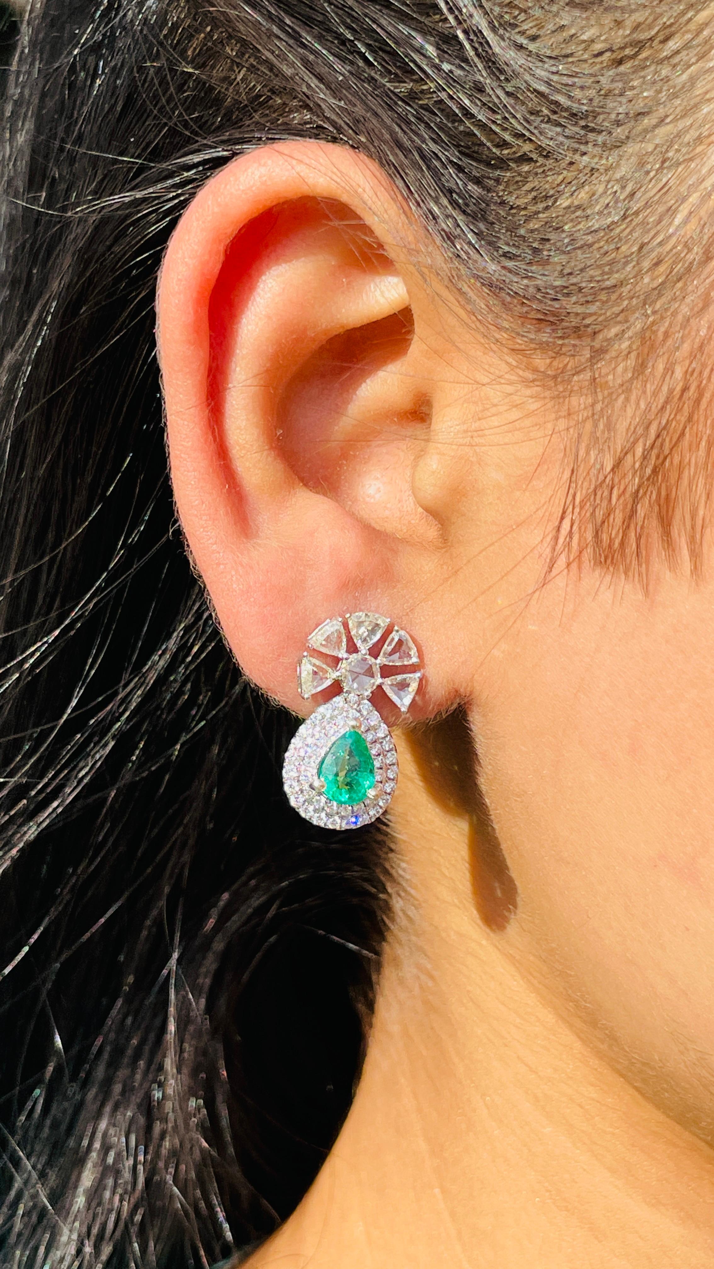Modern 14K White Gold Emerald Pear Cut Half Floral Drop Earrings with Diamonds For Sale