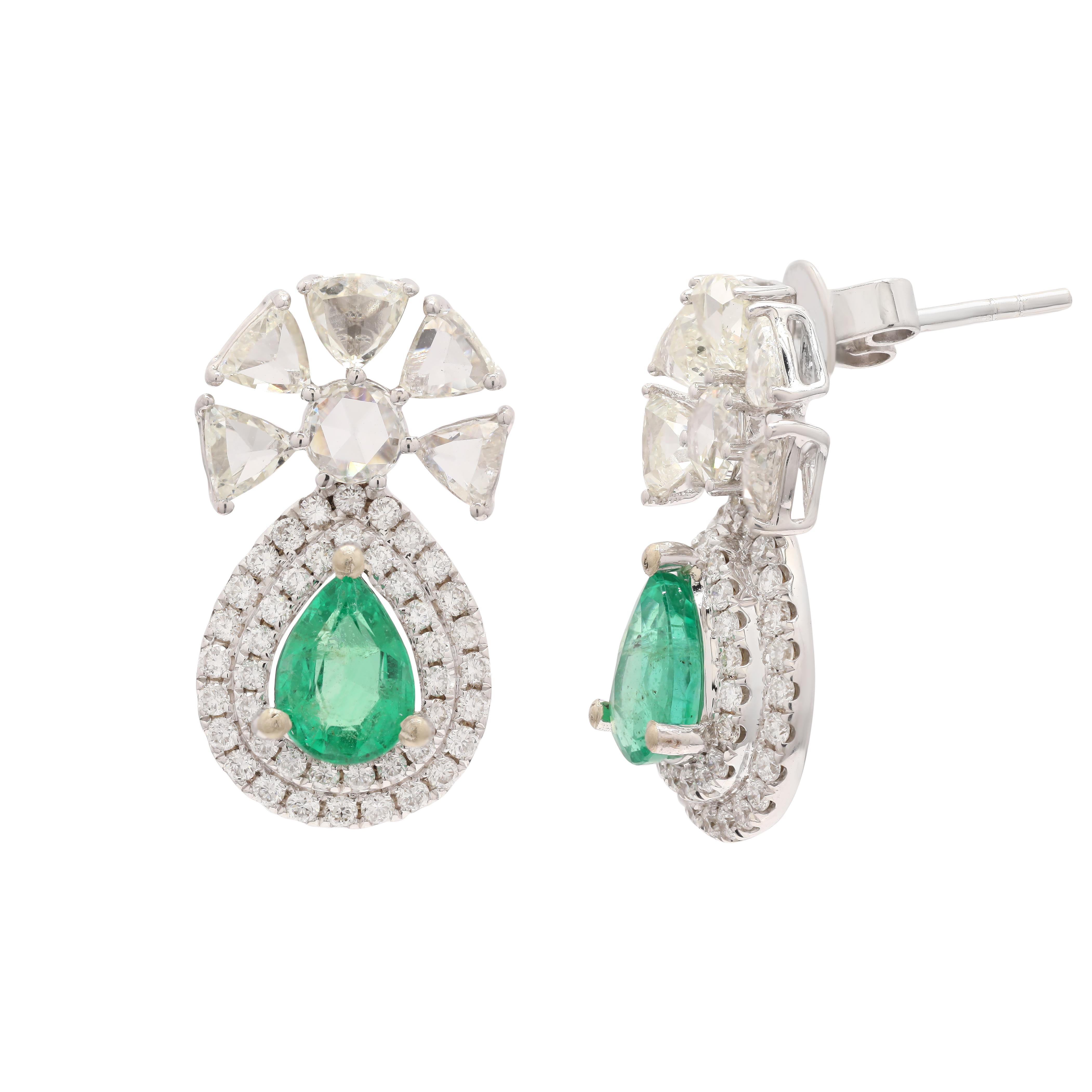 Women's 14K White Gold Emerald Pear Cut Half Floral Drop Earrings with Diamonds For Sale