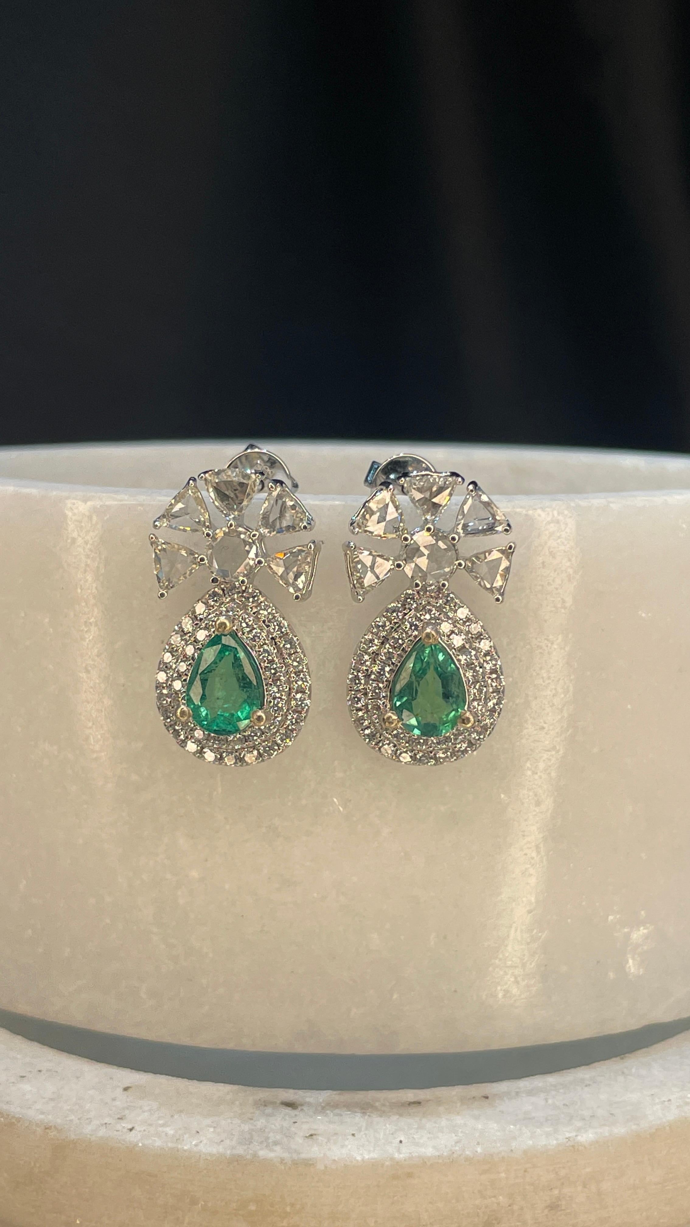 14K White Gold Emerald Pear Cut Half Floral Drop Earrings with Diamonds For Sale 1