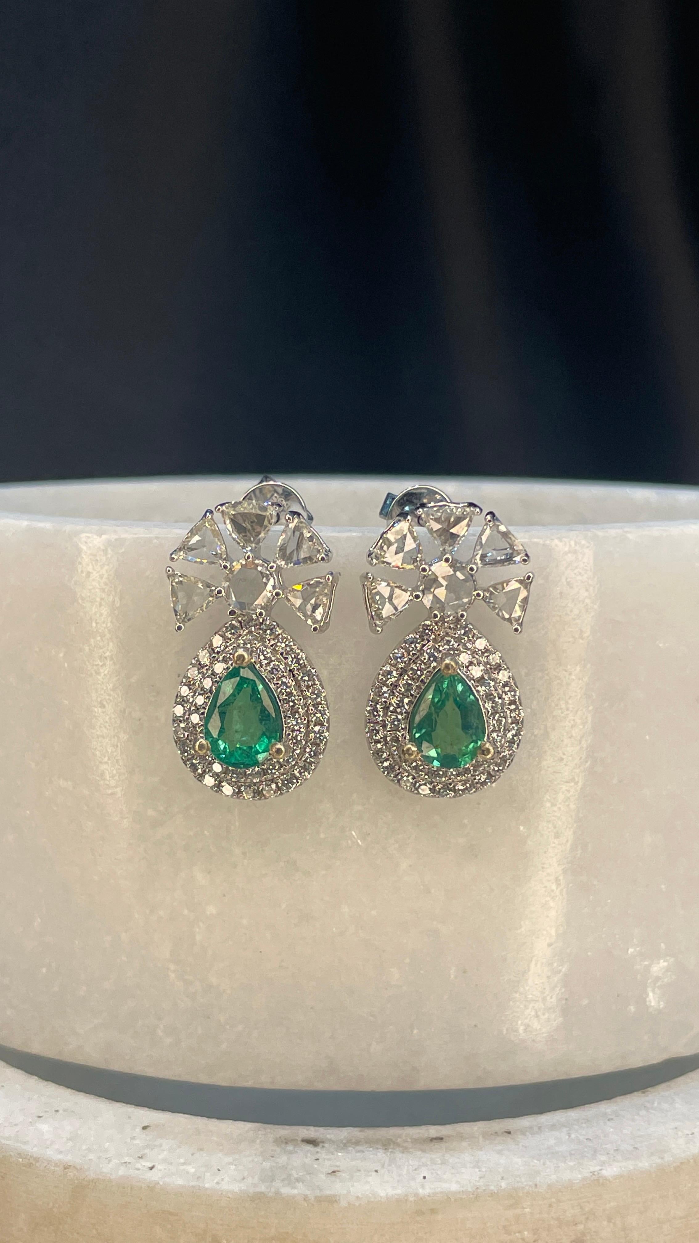 14K White Gold Emerald Pear Cut Half Floral Drop Earrings with Diamonds For Sale 2