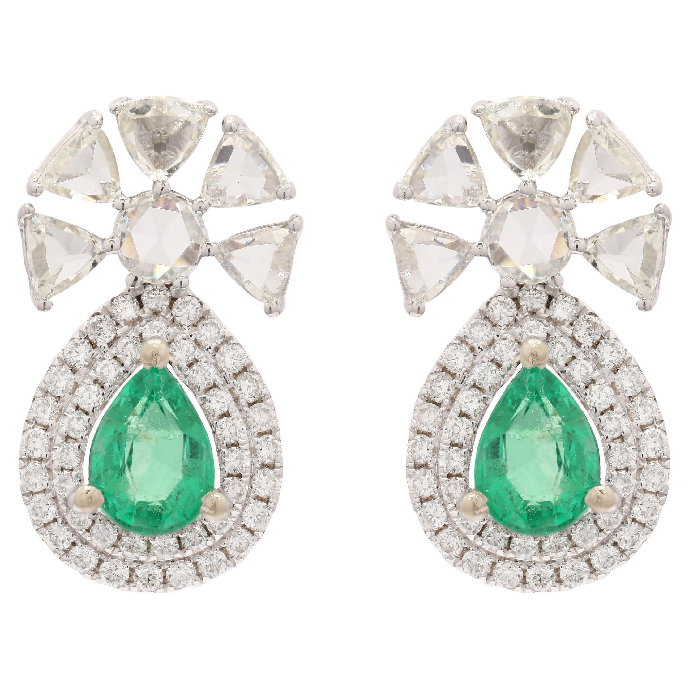 14K White Gold Emerald Pear Cut Half Floral Drop Earrings with Diamonds For Sale