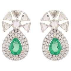 14K White Gold Emerald Pear Cut Half Floral Drop Earrings with Diamonds