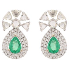 14K White Gold Emerald Pear Cut Half Floral Drop Earrings with Diamonds