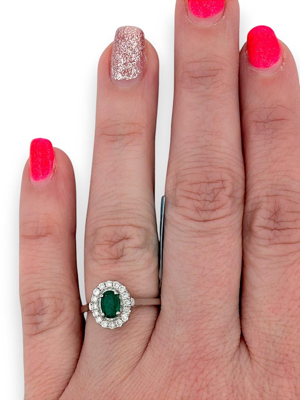 Amara  14K White Gold Emerald Ring, .50ct Oval Emerald & .25ctw Diamonds For Sale 4