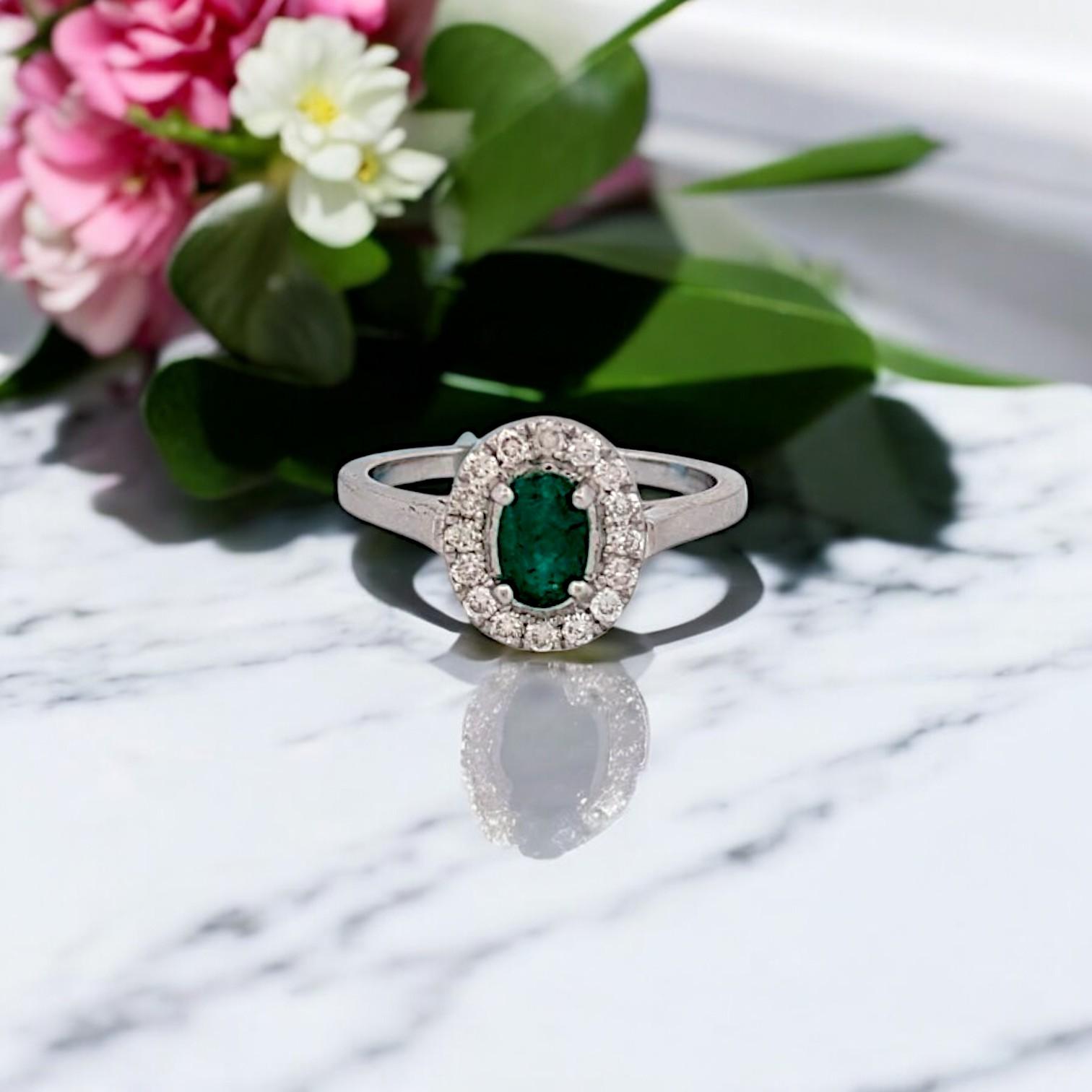 Amara  14K White Gold Emerald Ring, .50ct Oval Emerald & .25ctw Diamonds For Sale 2