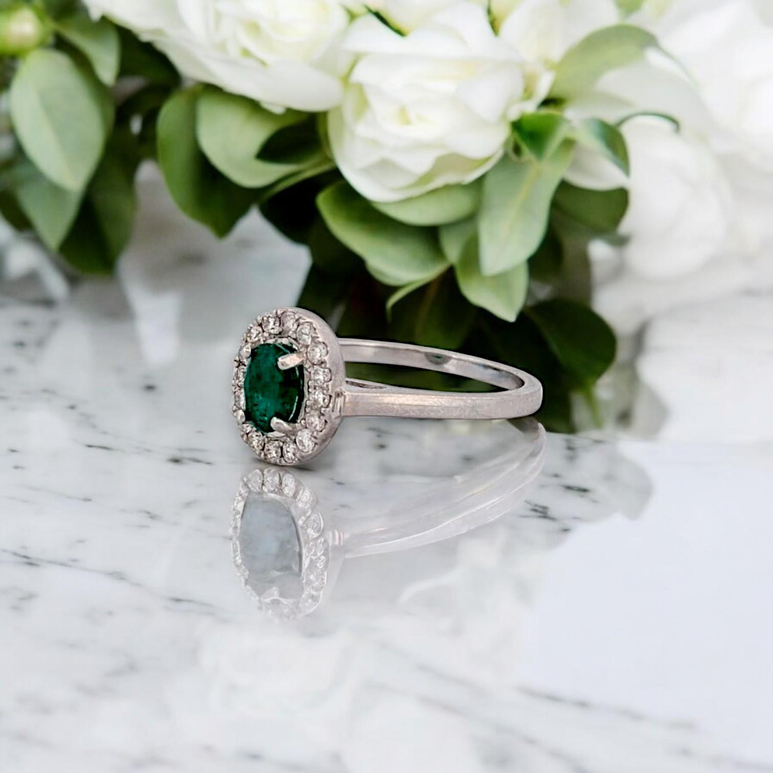 Amara  14K White Gold Emerald Ring, .50ct Oval Emerald & .25ctw Diamonds For Sale 3