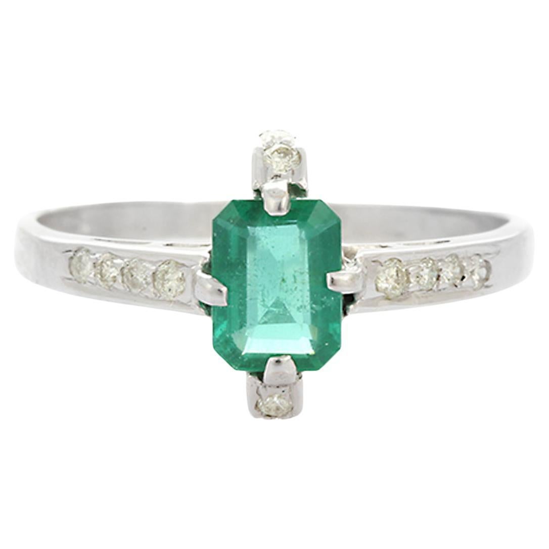 For Sale:  14K White Gold Emerald Ring with Diamonds