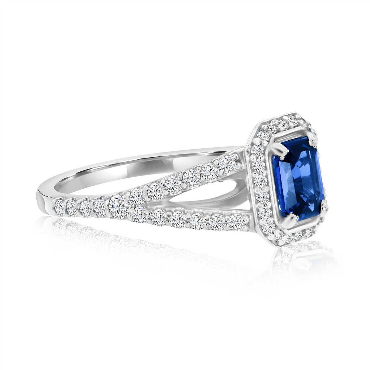 Emerald Cut 14 Karat Gold Emerald Shape Blue Sapphire Halo Diamond Ring 'Center 0.82 Carat' For Sale