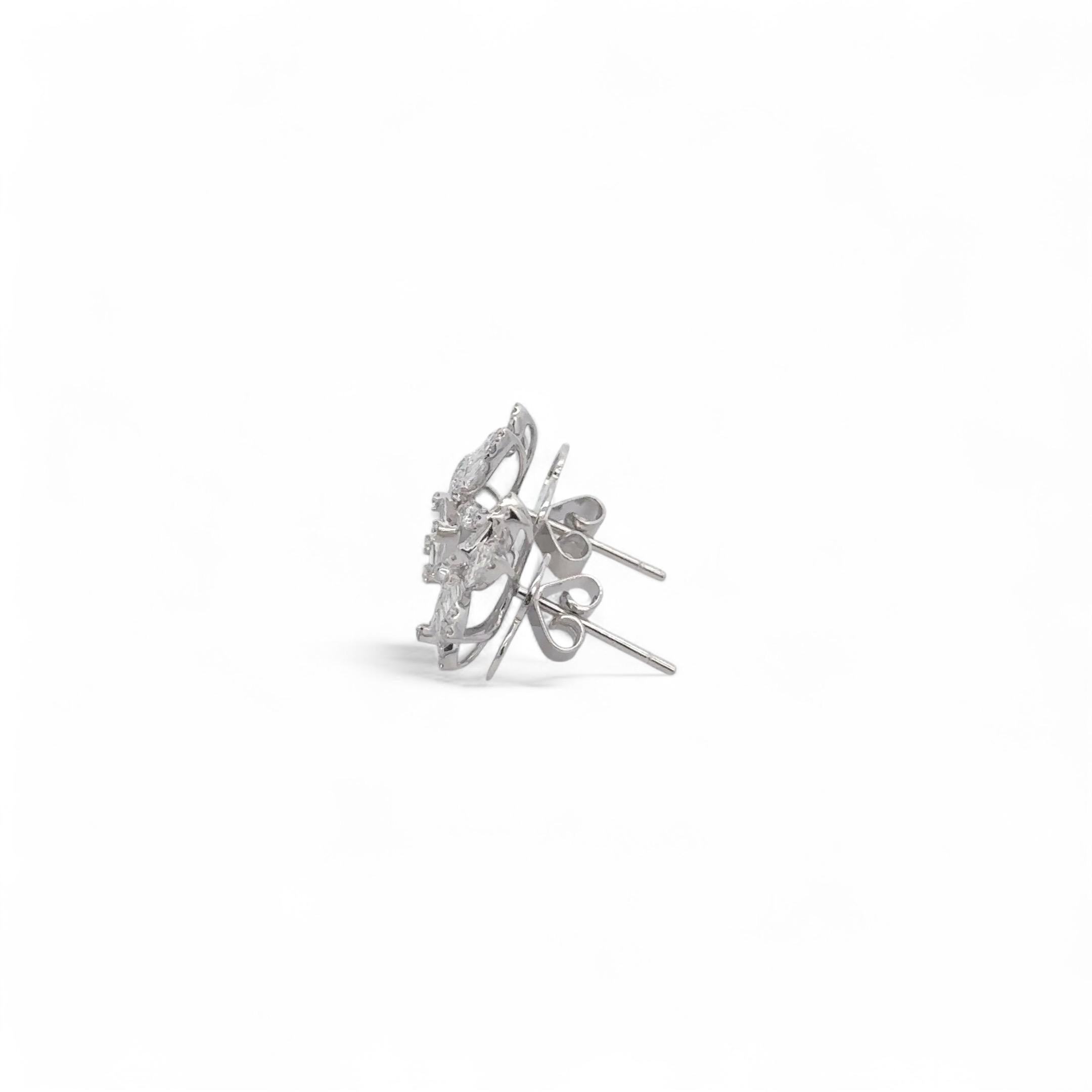 Women's 14K White Gold Diamond Emerald Cut & Tear Drop Cluster Earrings For Sale