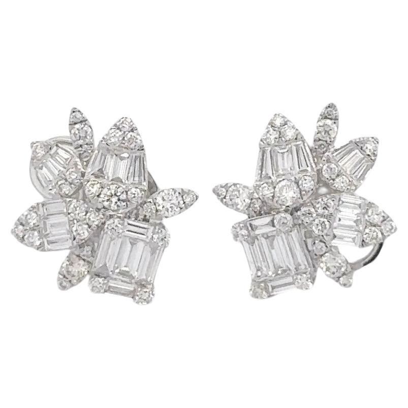 14K White Gold Diamond Emerald Cut & Tear Drop Cluster Earrings