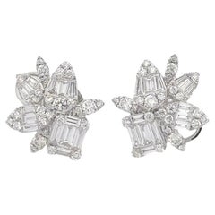14K White Gold Diamond Emerald Cut & Tear Drop Cluster Earrings