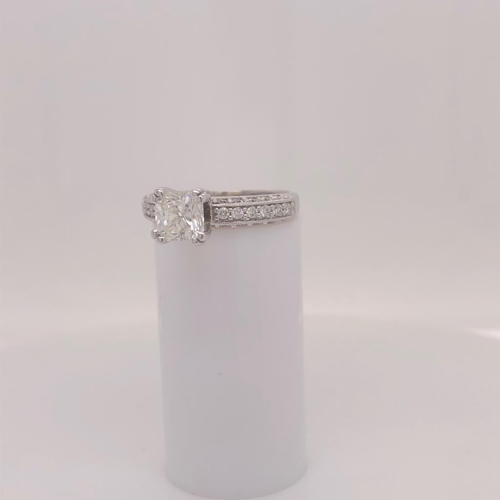 Elegant simplicity 14K White Gold Ring with Double Four (4) Prong Setting luxurious ring. The 1.09ct diamond is GIA certified. It is graded at the top color, facing up a crisp white and extremely eye-clean. This beauty is handcrafted in a dainty