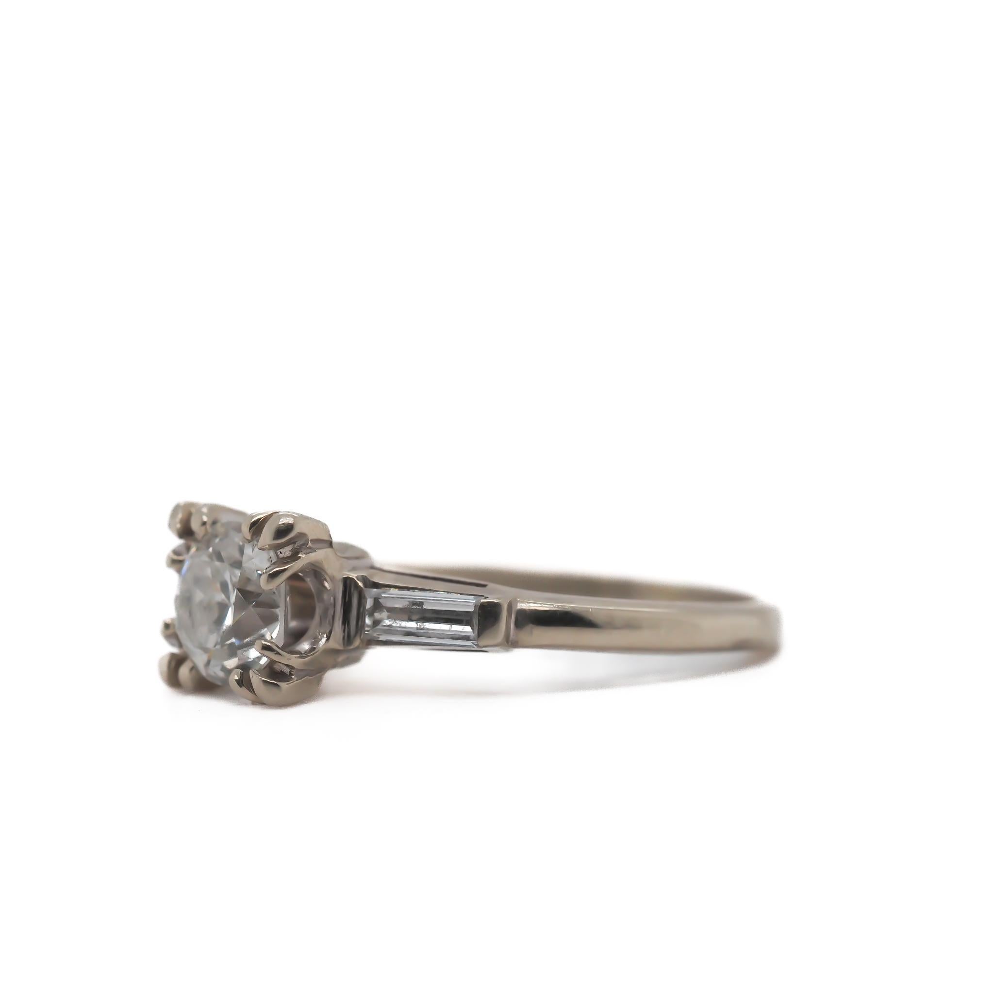 Item Details:
Ring Size: 6.25
Metal Type: 14K White Gold
Weight: 2.93 grams

Center Diamond Details
Shape: Old European Brilliant
Carat Weight: .83
Measurements : 6mm
Color: J
Clarity: SI1

Side Stone Details: N/A
Total Carat Weight: N/A
Type: