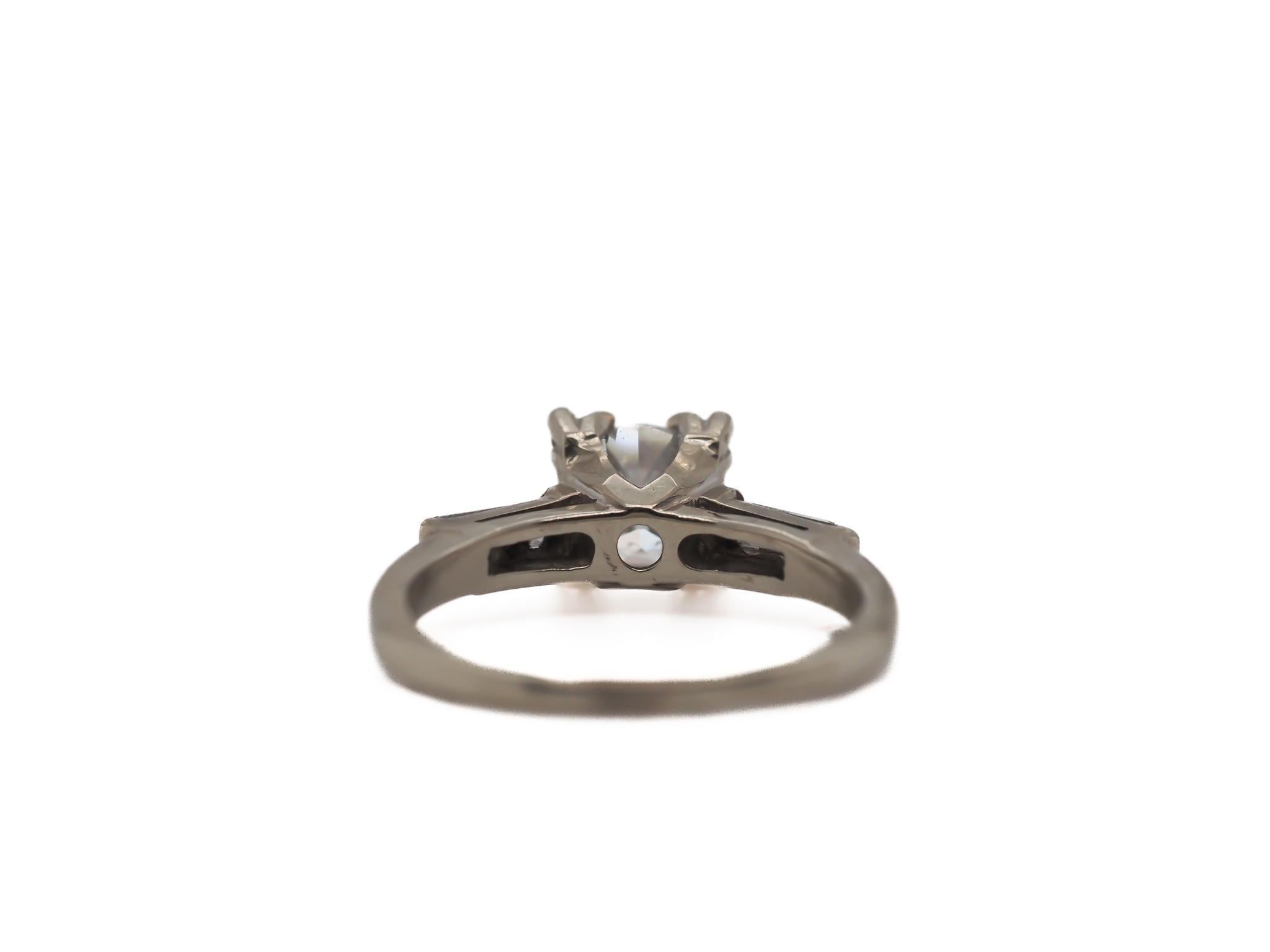 Women's 14K White Gold Engagement Ring w/ .83ct Old European Cut Diamond & Baguettes For Sale