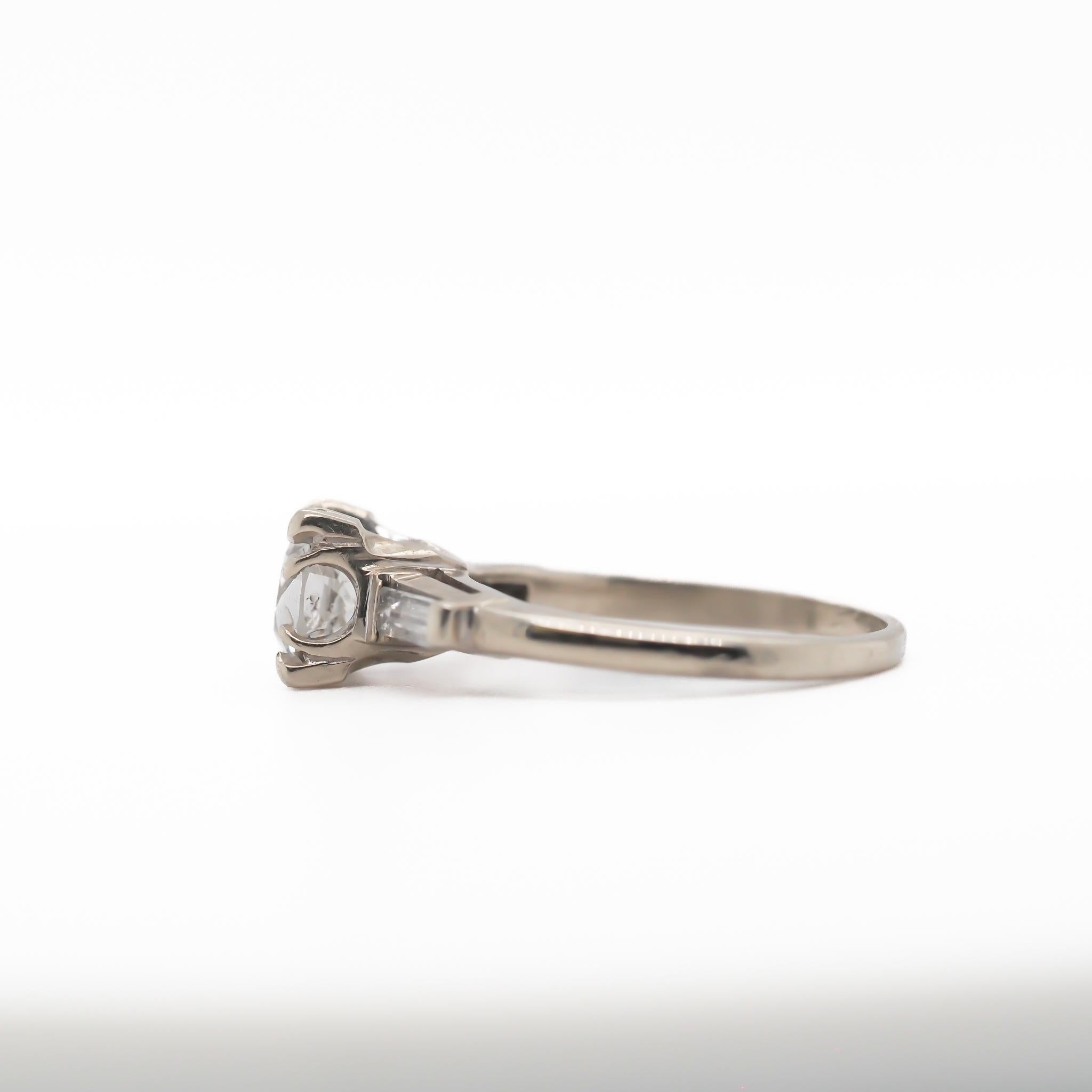 14K White Gold Engagement Ring w/ .83ct Old European Cut Diamond & Baguettes For Sale 1