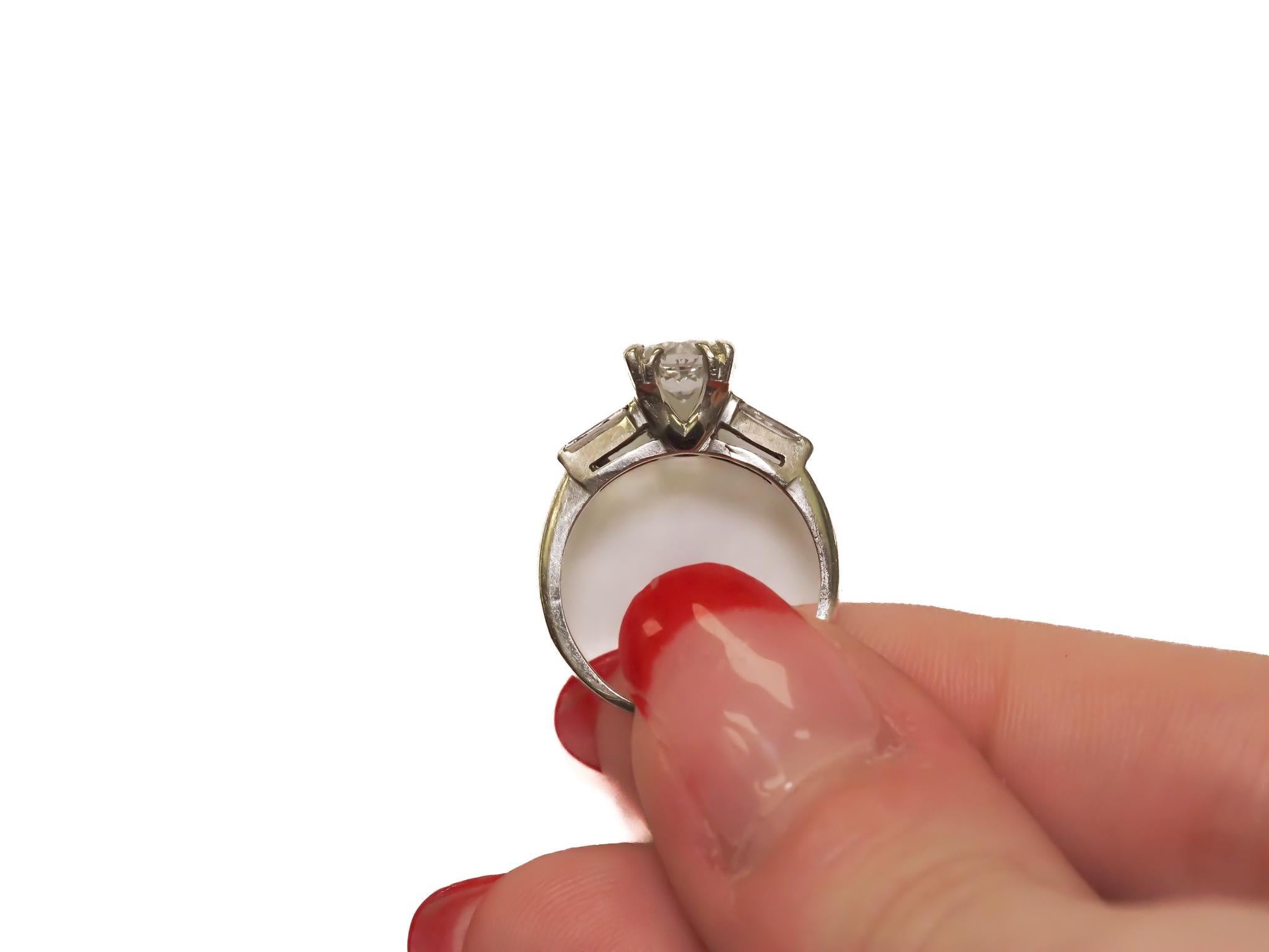 14K White Gold Engagement Ring w/ .83ct Old European Cut Diamond & Baguettes For Sale 3