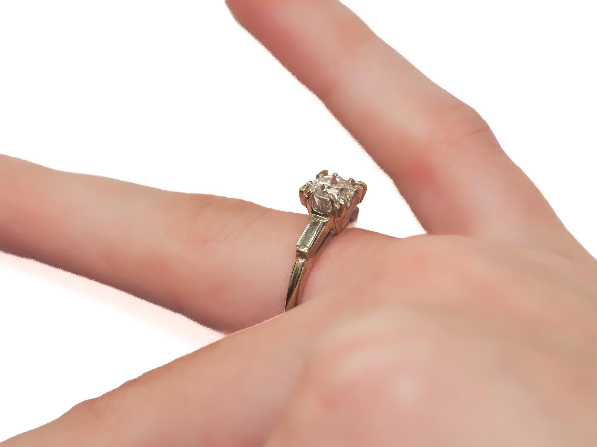14K White Gold Engagement Ring w/ .83ct Old European Cut Diamond & Baguettes For Sale 4