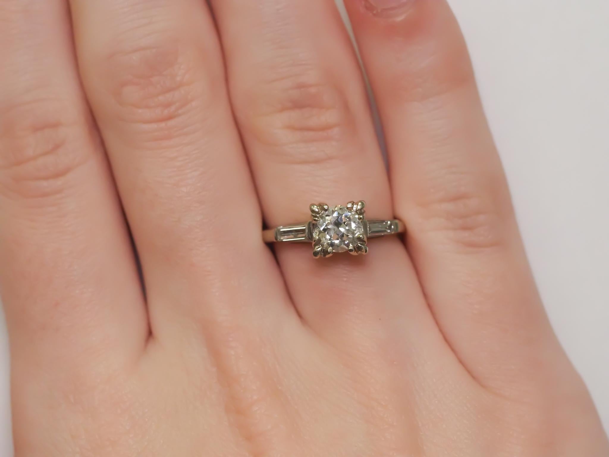 14K White Gold Engagement Ring w/ .83ct Old European Cut Diamond & Baguettes For Sale 5