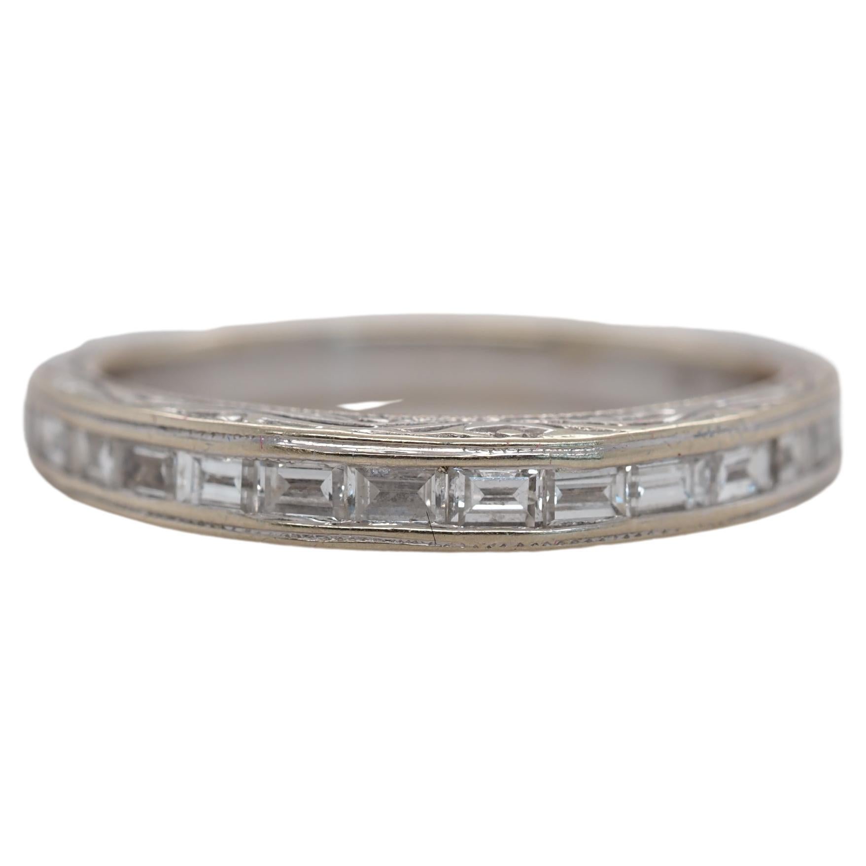 14k White Gold Engraved Baguette Diamond Band Ring