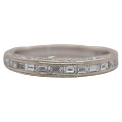 Retro 14k White Gold Engraved Baguette Diamond Band Ring