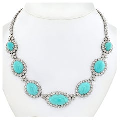 14K White Gold Estate Turquoise and Diamond Necklace