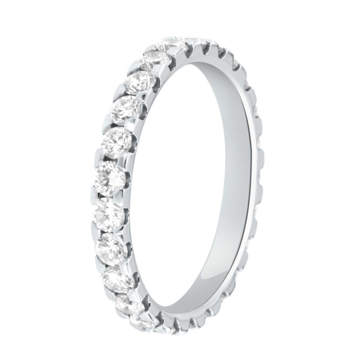 From our signature Micro-Prong wedding band collection, this 14k white gold  Eternity ring features perfectly matched round brilliant diamonds in a total weight of 1.03 carat. The diamonds are G in color si1

finger size is 4.75. This ring can be