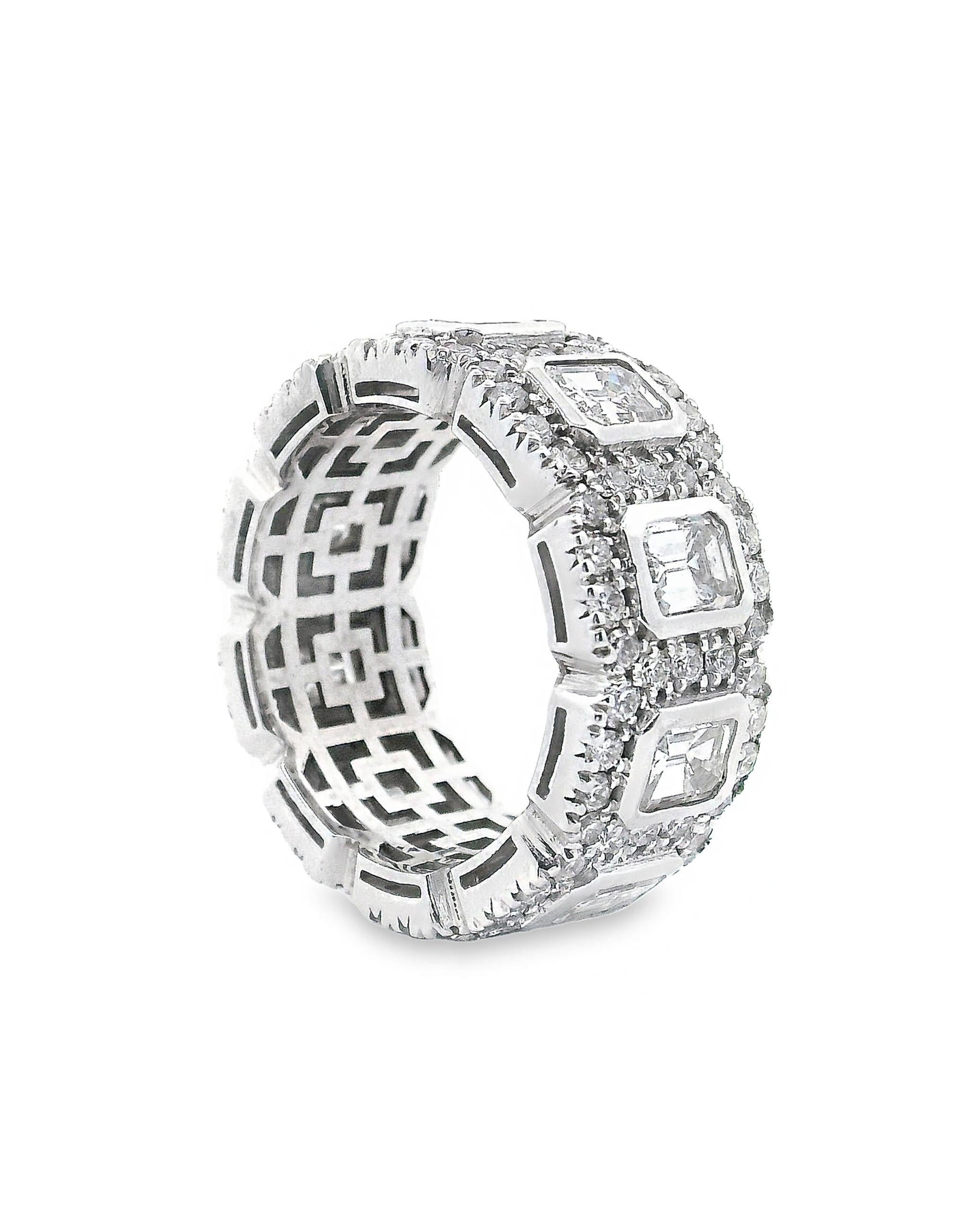 14K white gold diamond ring with 110 round brilliant-cut diamonds weighing 1.56 carats total and 10 emerald-cut diamonds weighing 3.45 carats total.

- 9.2mm wide
- Finger size 5.75
- Diamonds are G/H color, VS2/SI1 clarity.