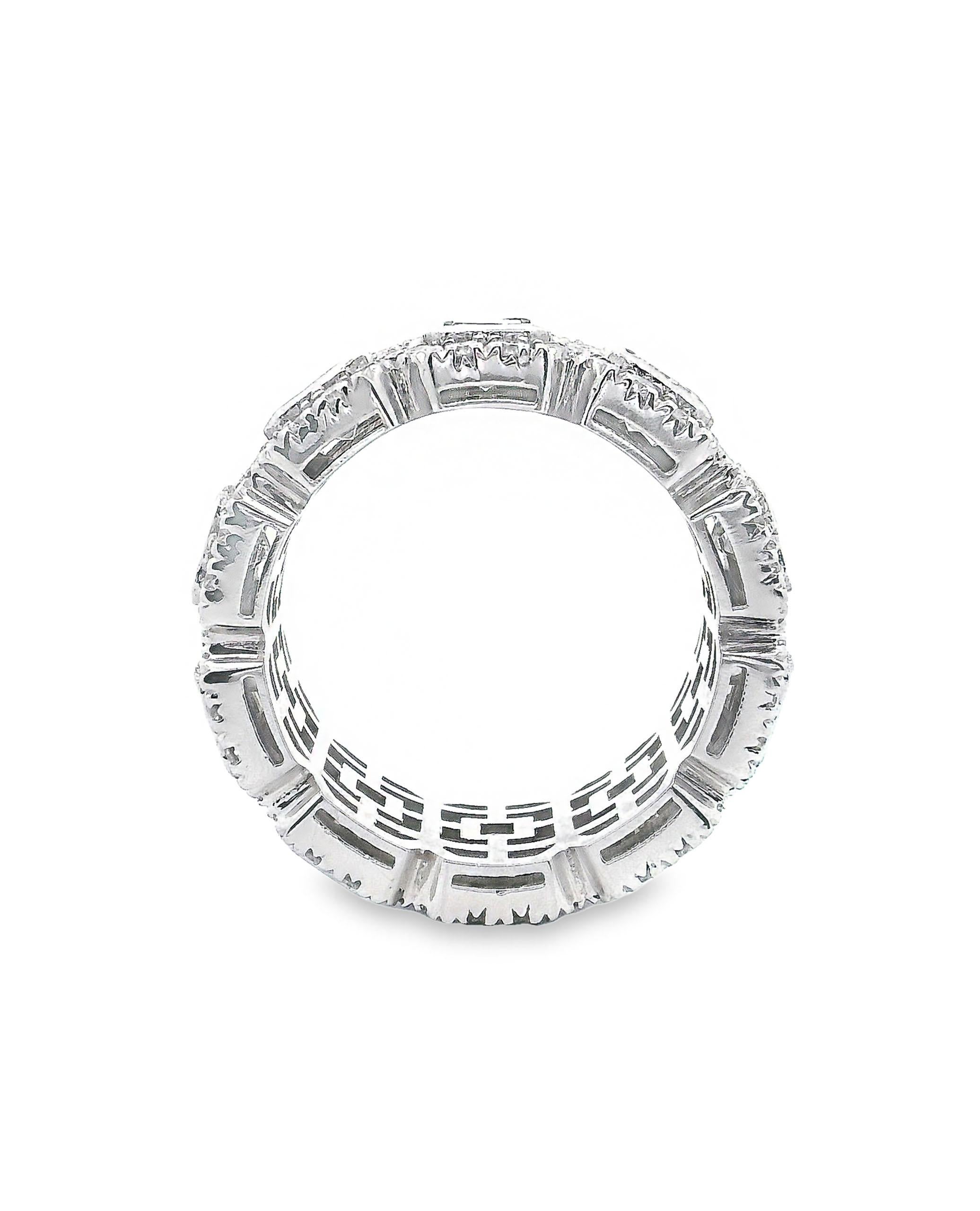 Contemporary 14K White Gold Eternity Ring with Round and Emerald Cut Diamonds For Sale