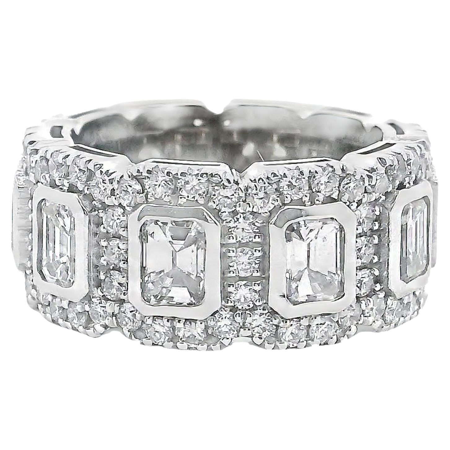 14K White Gold Eternity Ring with Round and Emerald Cut Diamonds For Sale