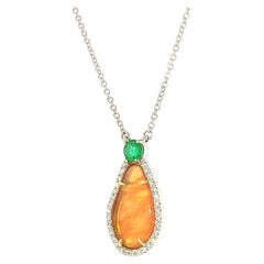 14K White Gold Ethiopian Opal, Emerald & Diamond Halo Pendant 18"