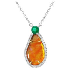 14K White Gold Ethiopian Opal, Emerald & Diamond Halo Pendant 18"