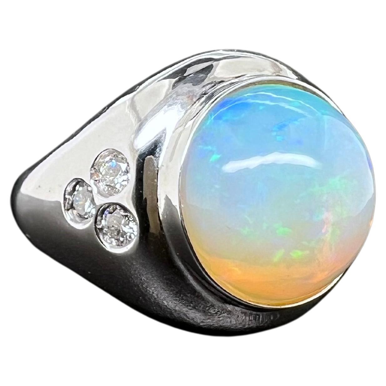 Contemporary 14k White Gold Ethiopian Opal Men's Ring with Diamonds For Sale